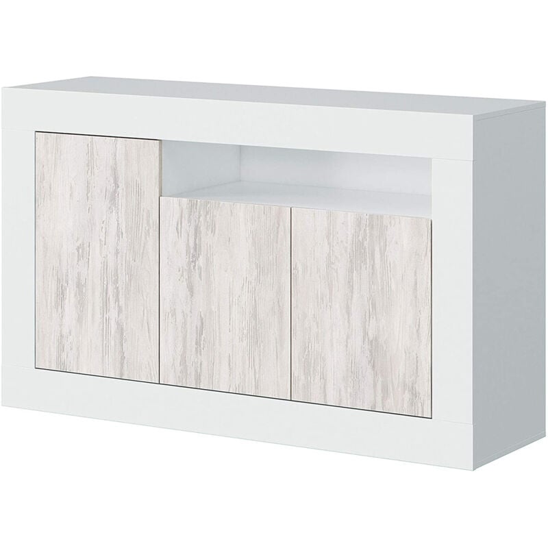 Pegane - Buffet avec 3 portes et 1 étagère coloris blanc artic / blanc poli - Hauteur 87 x Longueur 144 x Profondeur 42 cm