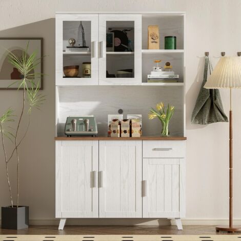 Buffet avec 3 portes et 1 tiroir, plusieurs compartiments de rangement ouverts, Meuble haut en grain de bois blanc, adapté au salon et à la salle à manger, 114 x 40 x 190 cm - Blanc