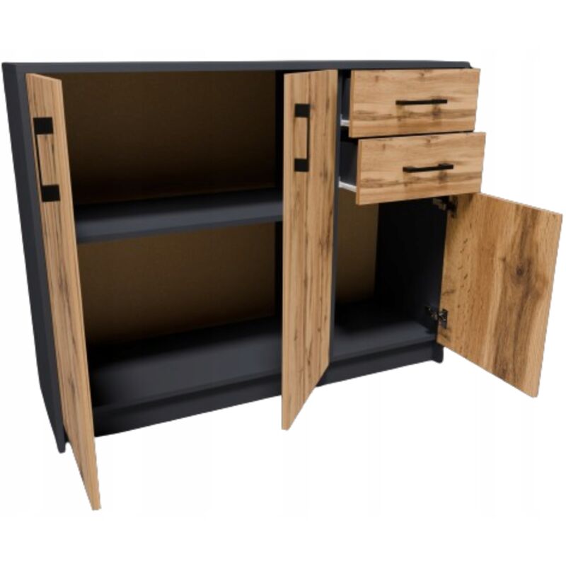 Buffet avec 3 portes et 2 tiroirs Graphite - Meuble de Rangement Style contemporain - 110 x 35 x 85 cm