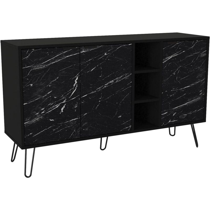 Vente-unique - Buffet avec 3 portes et 3 niches - Effet marbre noir - pomona