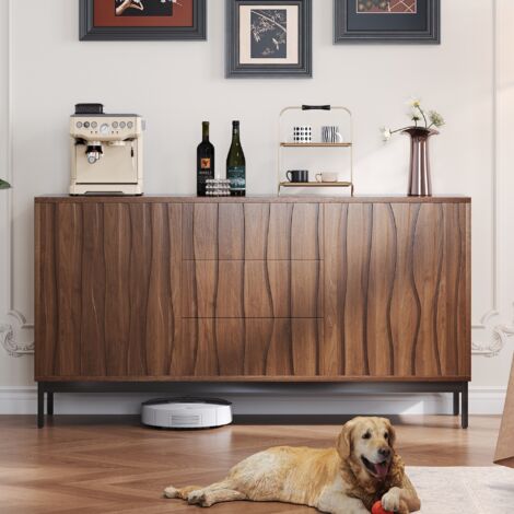 Buffet avec 3 tiroirs et 2 portes, Armoire, Buffet de rangement, texturé en chêne foncé, 150x40x80 cm, pour cuisine, salon - Marron