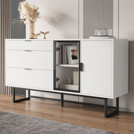 Buffet avec 3 tiroirs, portes vitrées et led, blanc et noir, en MDF, 160 x 36 x 78 cm