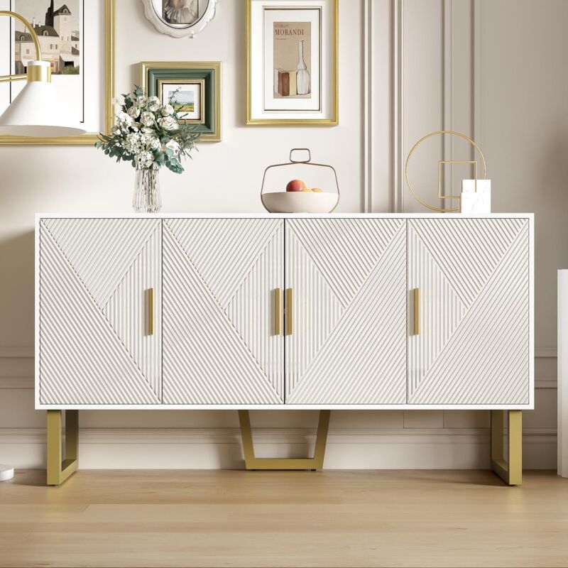 Buffet avec 4 portes 150 cm - garniture texturée brillante et poignées dorées, étagères réglables, buffet moderne - Blanc
