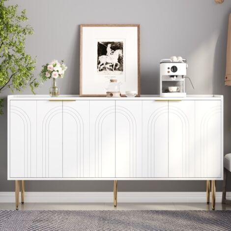 Buffet avec 4 portes, compartiments de rangement, pour salon, en bois, pieds en métal, blanc