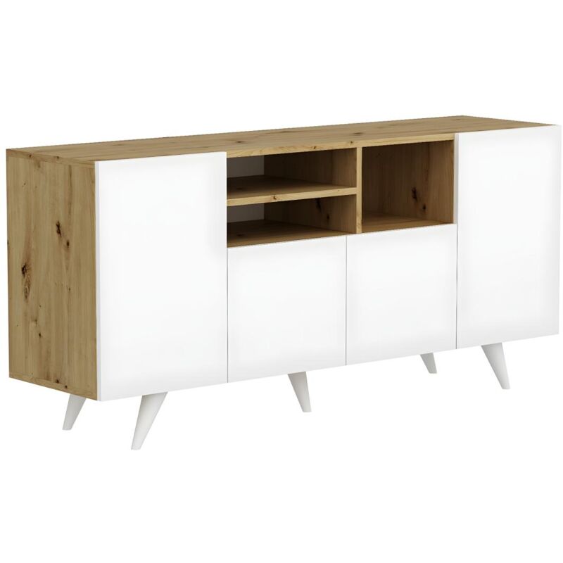Vente-unique - Buffet avec 4 portes et 3 niches - Blanc et naturel - mostia