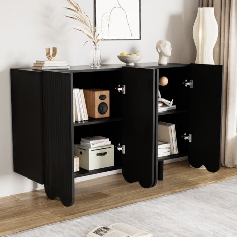 Buffet avec 4 Portes Sculptées et Étagères, Charnières Amorties, pour Salon, MDF, Noir, 120 x 37.5 x 80.8 cm