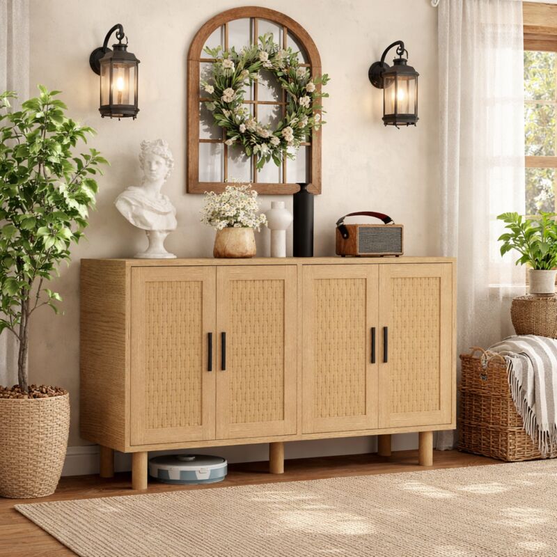 Buffet avec 4 portes - style champêtre - 140x40x80 cm - 4 grandes portes effet cannage - rangement spacieux - meuble de salon ou salle à manger