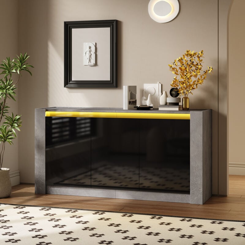 Buffet, avec charnières amortissantes et étagères réglables,150x40x75 cm, en bois, gris+noir