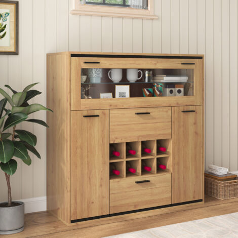 Buffet, avec doubles portes, étagère en verre et porte-bouteilles, en bois, naturel