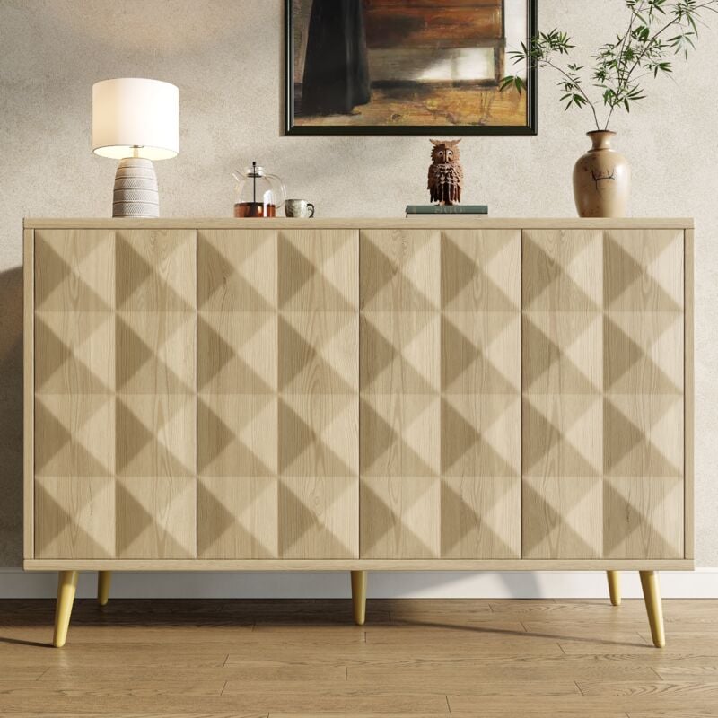 Buffet, avec espace de rangement, porte gaufrée, panneau réglable, 120×35×78cm, mdf, naturel