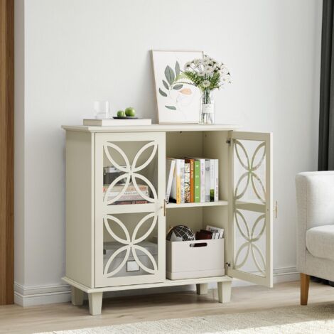 Buffet avec Étagères Réglables, Armoire de Salle de Bain Autoportante avec Portes en Verre Trempé, Console de Cuisine Style Rétro Moderne, Crème