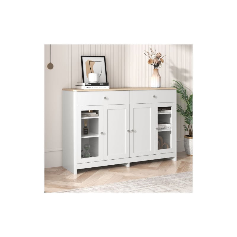 Buffet avec grain de bois blanc, quatre portes, avec deux tiroirs, porte vitrée pour Salon et salle à manger