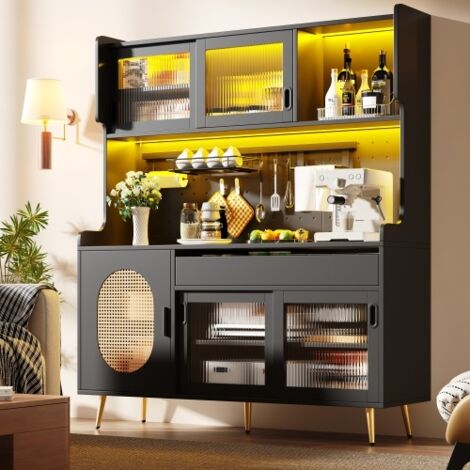 Buffet avec led, tiroirs et plaque perforée, noir, 145x39x171 cm