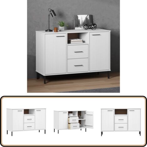Buffet avec pieds en métal Blanc 113x40x77 cm Bois massif OSLO - Buffet Industriel - Meuble Rangement - Buffet Blanc - Armoire Bois - Commode Moderne