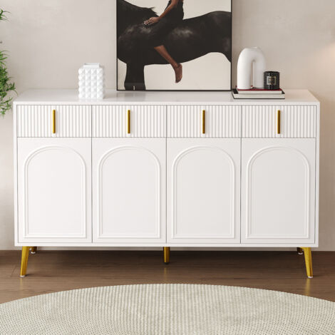 Buffet avec poignées et pieds dorés, 4 portes, 4 tiroirs, avec laminate amovible, 140x38x82 cm, Blanc