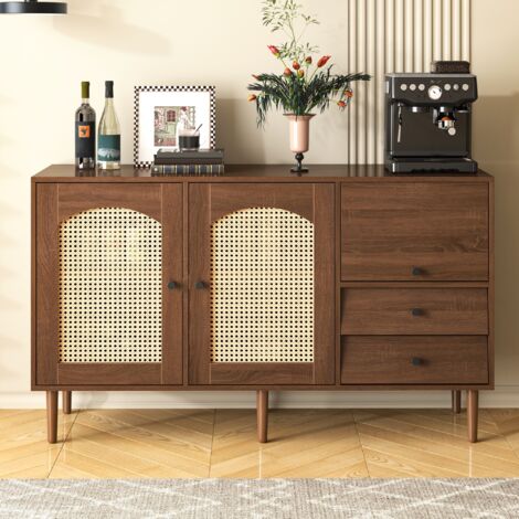 Buffet avec portes en rotin et 2 tiroirs 130cm, étagères réglables, Buffet de rangement rustique pour entrée cuisine salle à manger salon - Naturel