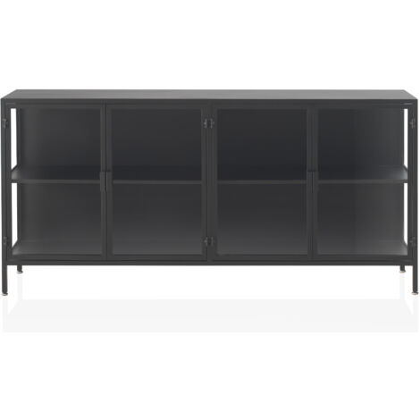 Buffet avec portes et côtés en verre, structure en métal noir
