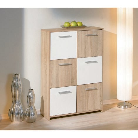 Buffet avec six portes, blanc et chêne, Mesures 77 x 115 x 30 cm