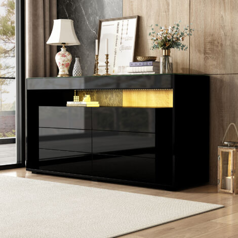 Buffet avec six tiroirs plateau en verre trempé éclairage LED double couche haute luminosité idéal pour le salon color noir