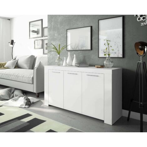 Buffet avec trois portes avec trois étagères internes, couleur blanc mat, Dimensions 144 x 80 x 42 cm