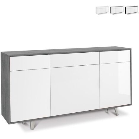 Buffet avec trois portes et trois tiroirs Ciment Blanc Brillant 164x41x h92 cm