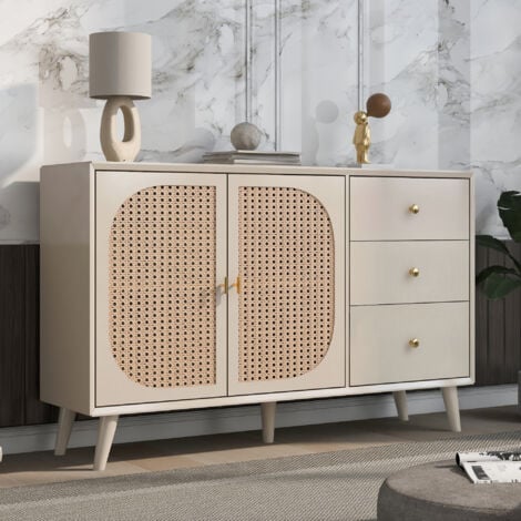 Buffet avev 2 portes 3 tiroirs, panneaux de portes en rotin, bois brut naturel - 120 x 40 x 82 cm - Naturel