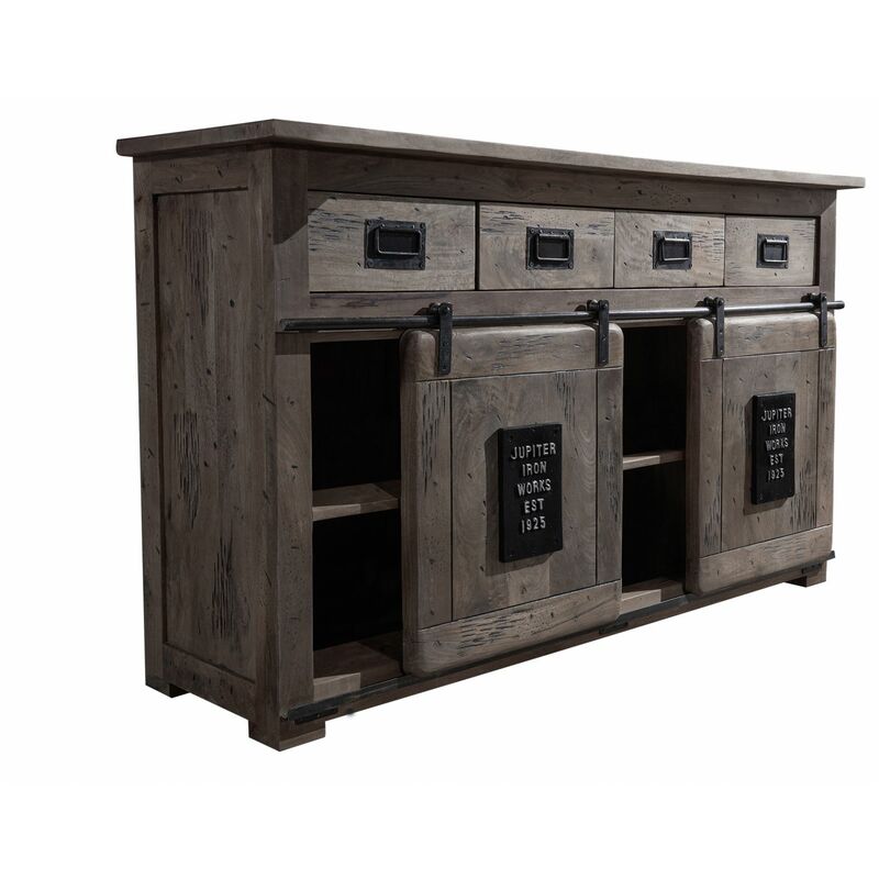 Massivmoebel24 – Buffet manguier laqué gris 150x45 cm – Style industriel RAILWAY – Éléments en fonte pour décoration unique – Ambiance vintage