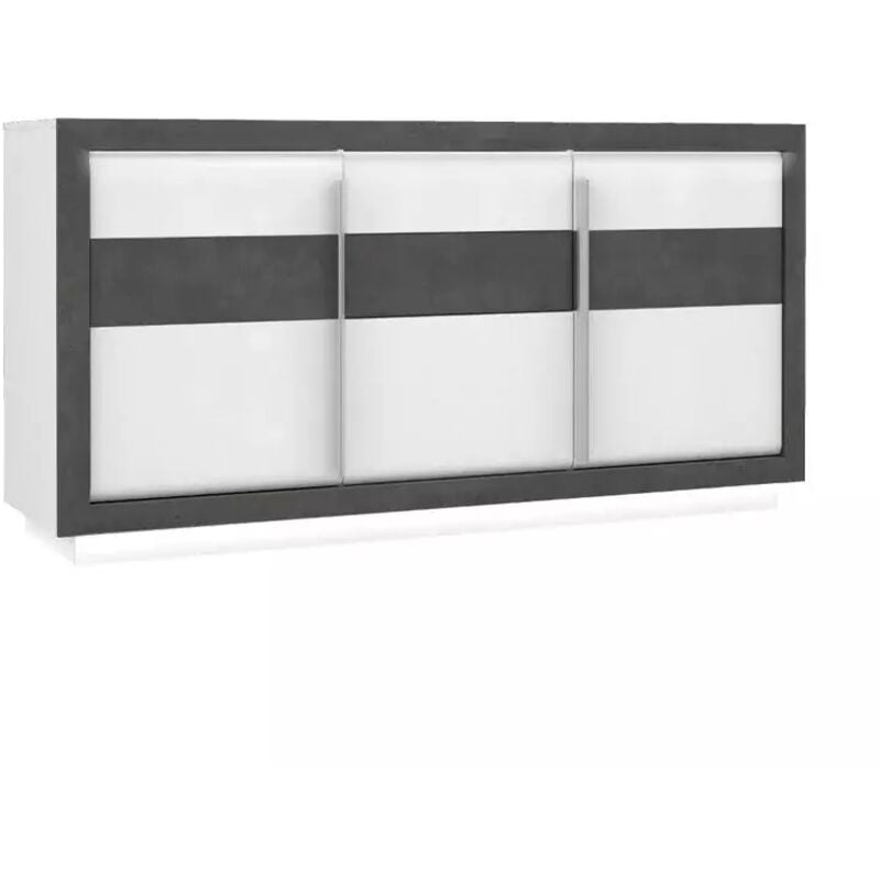 Buffet 193 cm 3 portes blanc laqué décor gris béton avec led - calvi