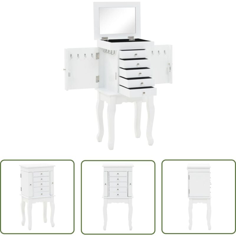 The Living Store Armoire à bijoux sur pieds Blanc - Armoire À Bijoux - Meuble Rangement Bijoux - Buffet Bijoux - Commode Bijoux - Organisation Bijoux