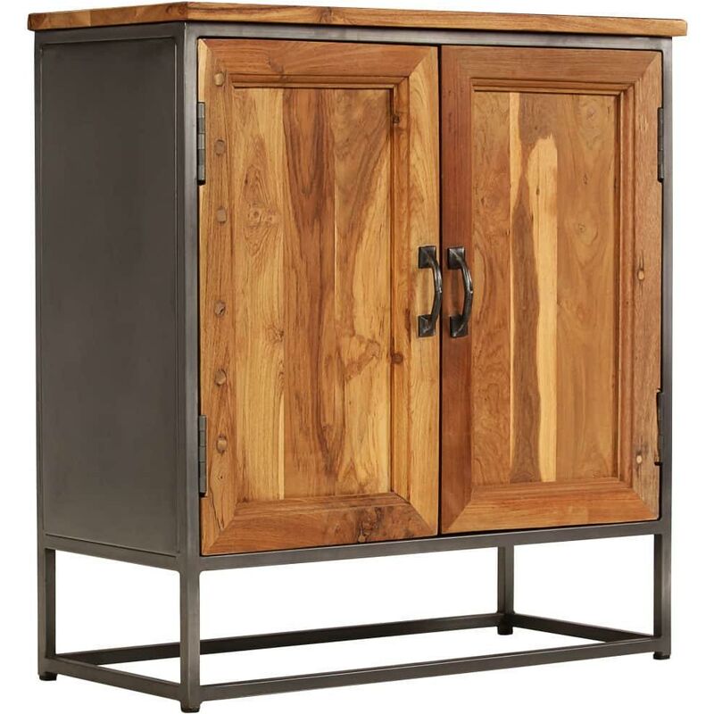 Buffet bahut armoire console meuble de rangement teck recyclé et acier 70 cm marron