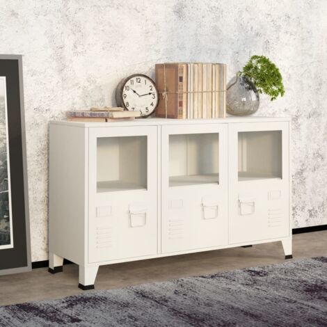Buffet, Bahut, Armoire de rangement industriel Blanc 105x35x62 cm Métal et verre FR472845 DESIGN IN