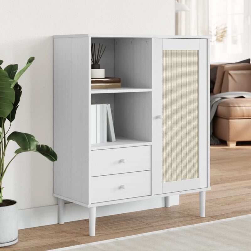 Buffet, Bahut, Armoire de rangement senja aspect rotin blanc 90x40x112cm bois massif de pin FR130645 design in