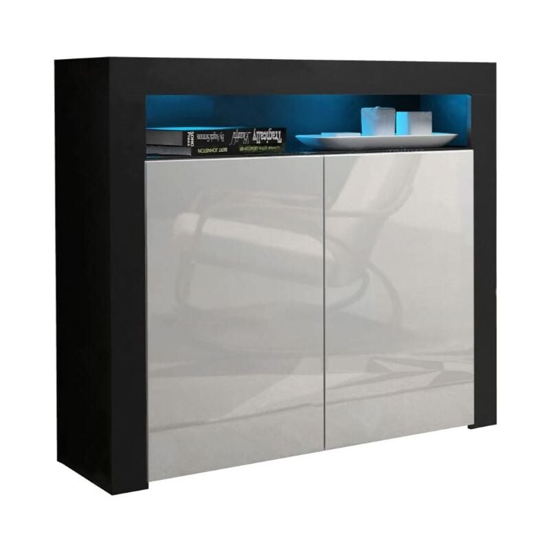 Dusine - Buffet bahut brillant Blanc Spider illuminé led 107 cm Caisson Noir mat