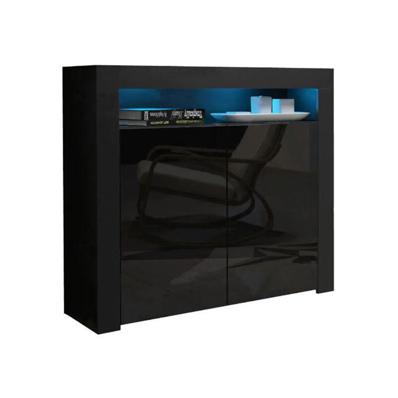 Dusine - Buffet bahut brillant noir Spider illuminé led 107 cm Caisson Noir mat