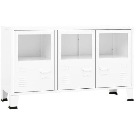Buffet bahut commode armoire meuble de rangement organisateur cuisine salle de séjour salon industriel 105 x 35 x 62 cm métal et verre blanc