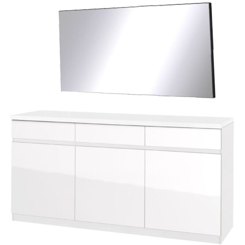 Buffet 3 portes 3 tiroirs fabio + Miroir, blanc brillant, pour salon ou salle à manger, design contemporain