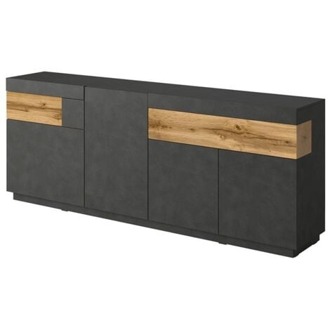 Buffet, bahut, enfilade KILES quatre portes, deux tiroirs. Coloris gris anthracite et chêne. Style design.