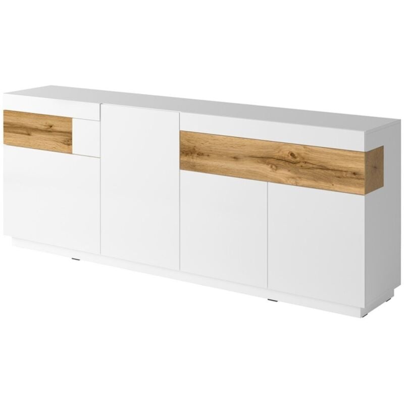 Meublorama - Buffet, bahut, enfilade kiles trois portes, deux tiroirs. Coloris blanc et chêne. Style design.