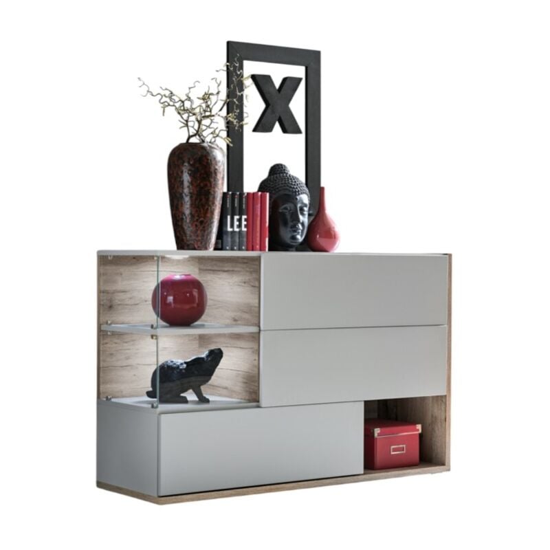 Meublorama - Buffet, bahut, enfilade klis trois portes et trois niches. Coloris gris perle et chêne. Style design.