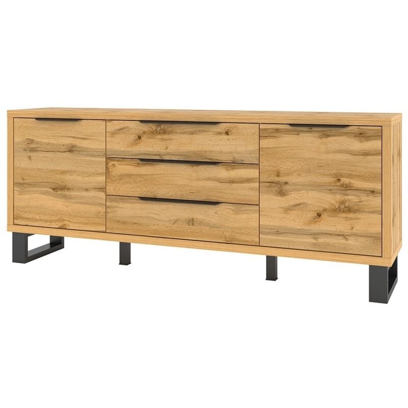 Meublorama - Buffet, bahut, enfilade milo deux portes, trois tiroirs. Coloris chêne avec finition noire. Style industriel.