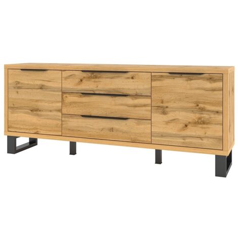 Buffet, bahut, enfilade MILO deux portes, trois tiroirs. Coloris chêne avec finition noire. Style industriel. - Marron - Bois