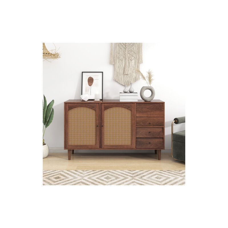 Buffet Bahut, Meuble de Rangement, Buffet, Buffet avec insert en rotin, largeur 130 cm, avec trois portes et deux tiroirs irréguliers 130 x 75.5 x 40
