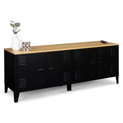 IDMARKET Buffet bas 140 cm ESTER 4 portes métal noir et plateau bois design industriel