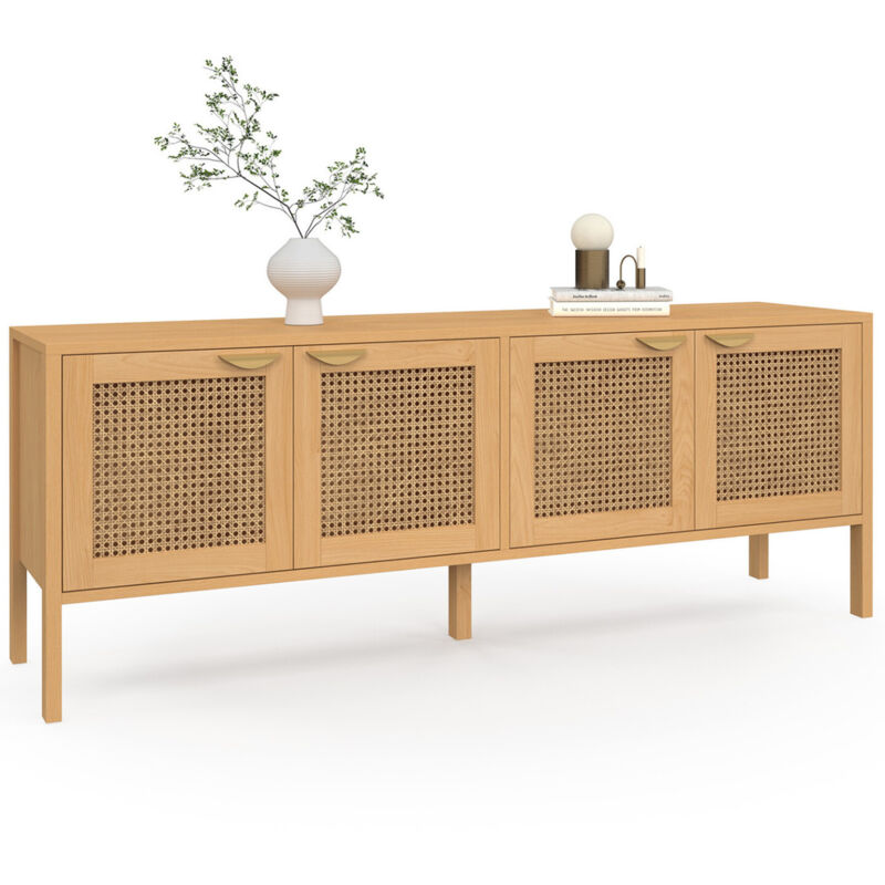 Idmarket – Buffet bas 160 cm 4 portes en bois et cannage – Design élégant – Rangement optimisé – Dimensions 160x40x60 cm
