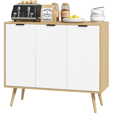 Buffet bas 2 placards 3 portes motif chevrons étagères réglables 91,5 x 35 x 77,4 cm bois naturel