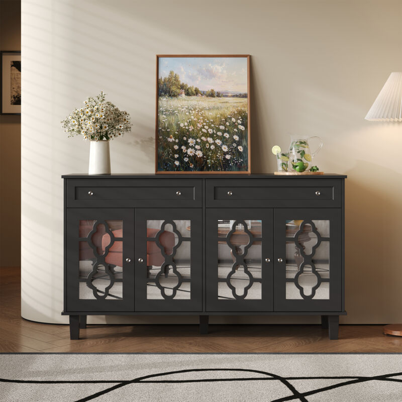 Modernluxe - Buffet bas - 2 portes vitrées avec 2 tiroirs et étagères réglables - Noir