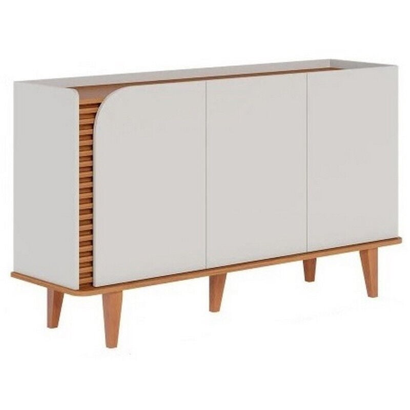 Buffet Bas 3 Portes 5 Niches Blanc et Chêne 5 Pieds Bois l 136 h 79.2 p 39.3 cm