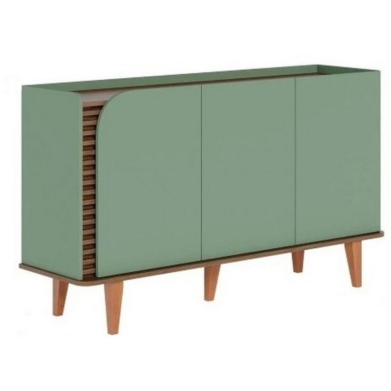 Buffet Bas 3 Portes 5 Niches Vert Olive et Chêne 5 Pieds Bois l 136 h 79.2 p 39.3 cm