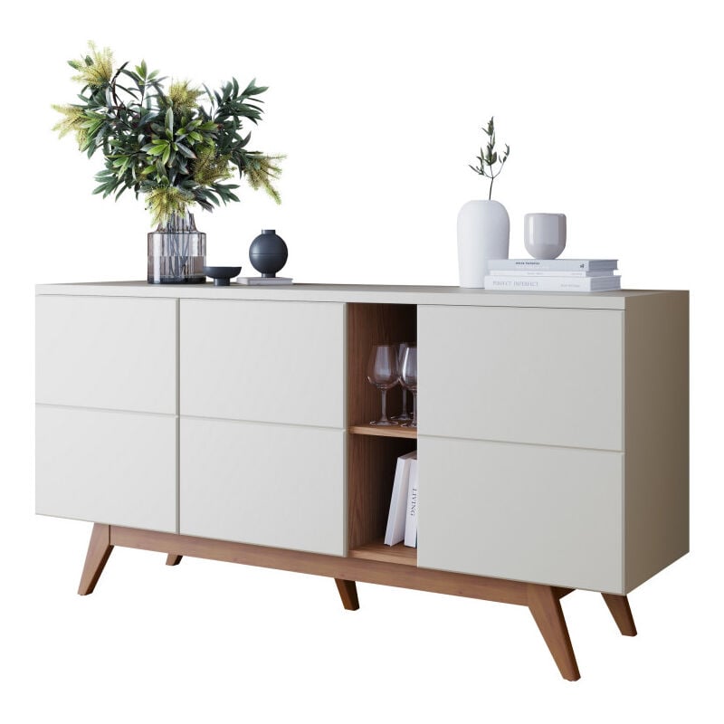 Buffet Bas 3 Portes 7 Niches Blanc et Chêne 5 Pieds Bois l 160 h 80.2 p 44.5 cm
