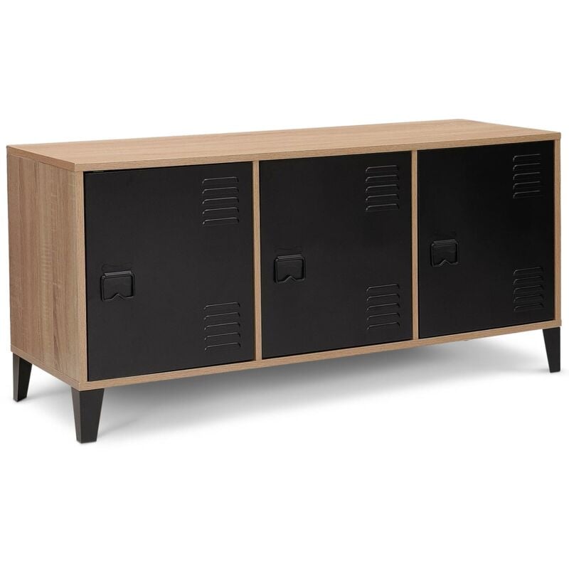 Buffet bas 113 cm ester bois 3 portes métal noir design industriel